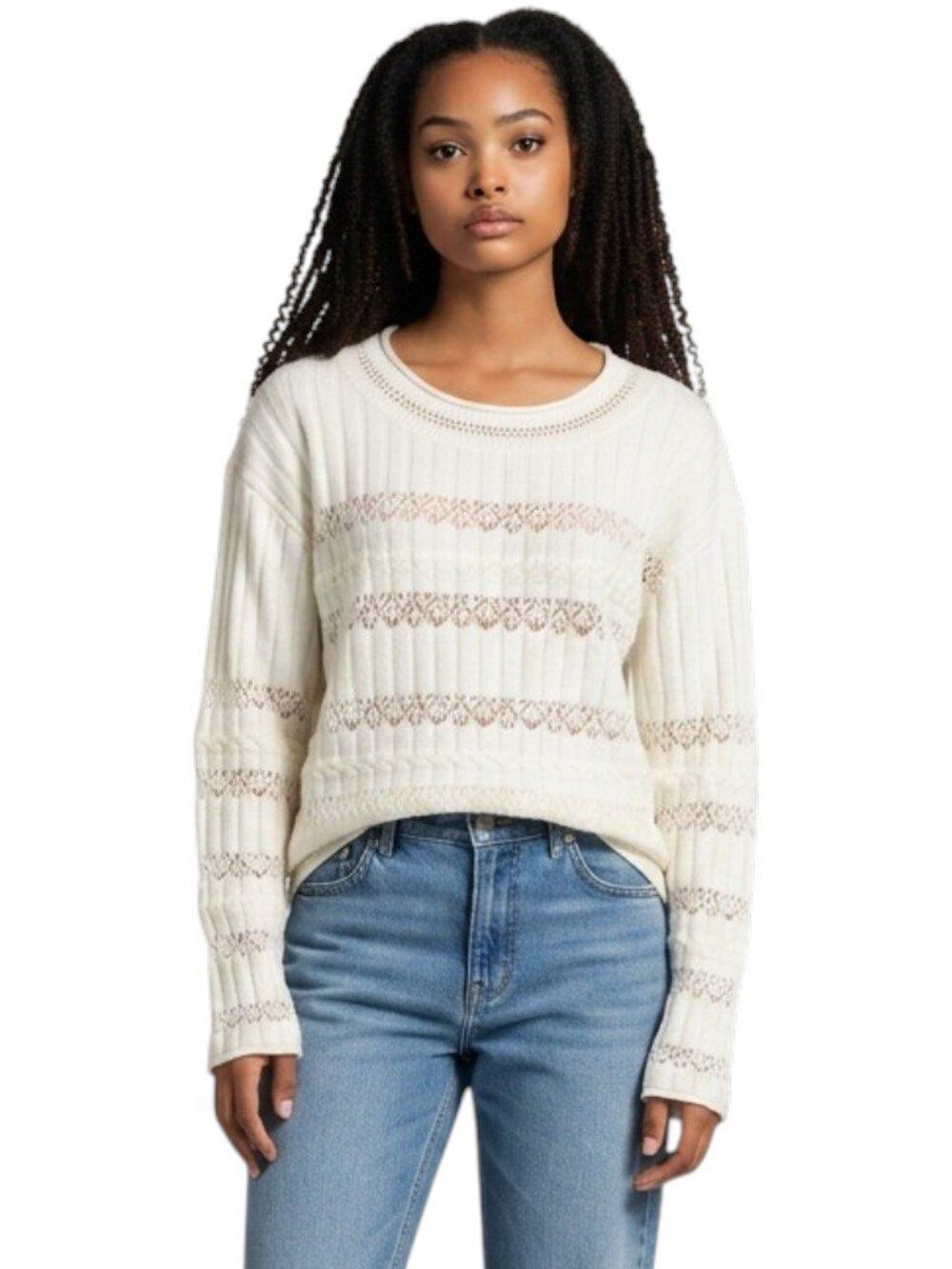 Zara Knit Sweater Small Cream Lace Detail Ribbed Cotton Blend Stretch
